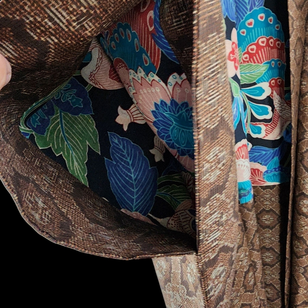 Vintage kimono silk hand stitched haori jacket brown floral lining -K11 - Picture 12 of 16